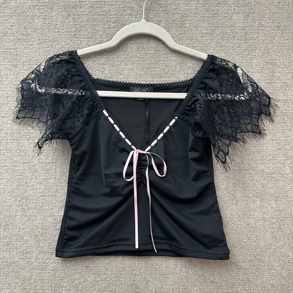 Widow Dolls Kill XXS Pink Ribbon Black Lace Trim & Sleeve Crop Top Dark Coquette